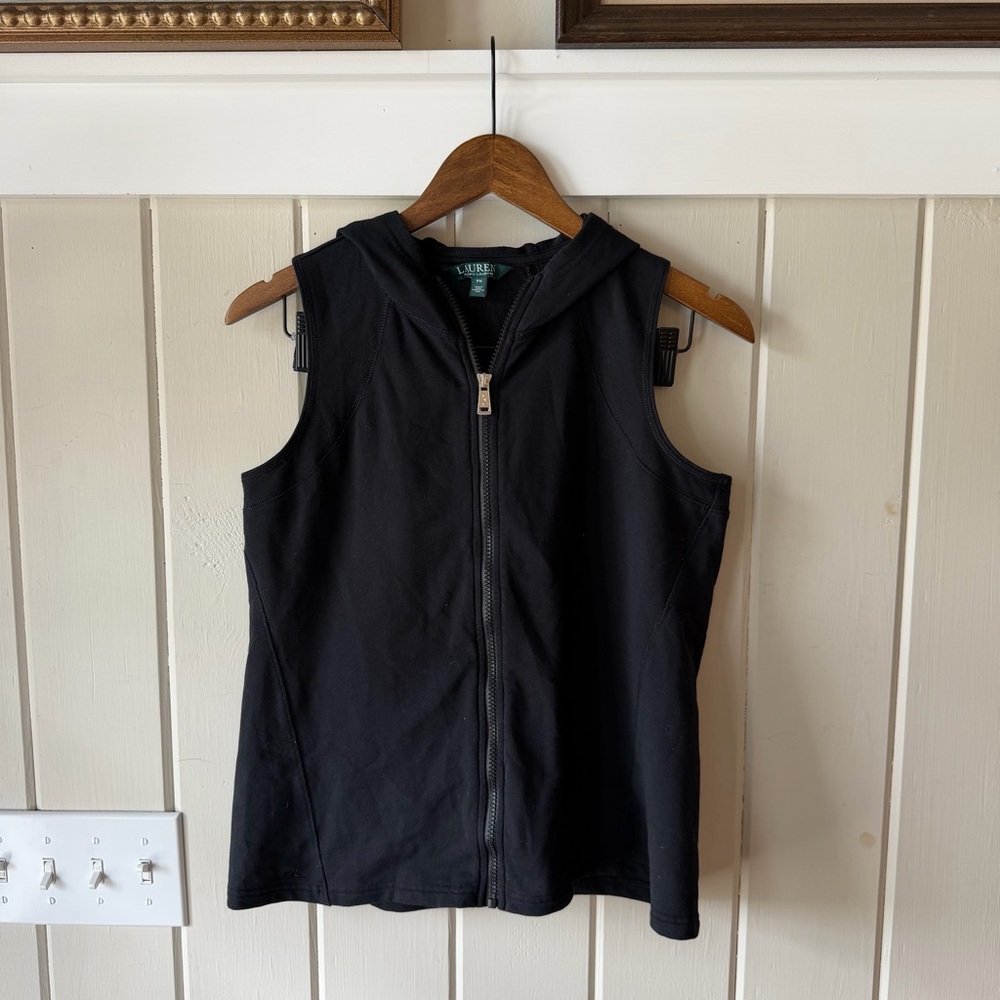 Lauren Ralph Lauren Black Athletic Sleeveless Zip Hoodie, Size M Petite